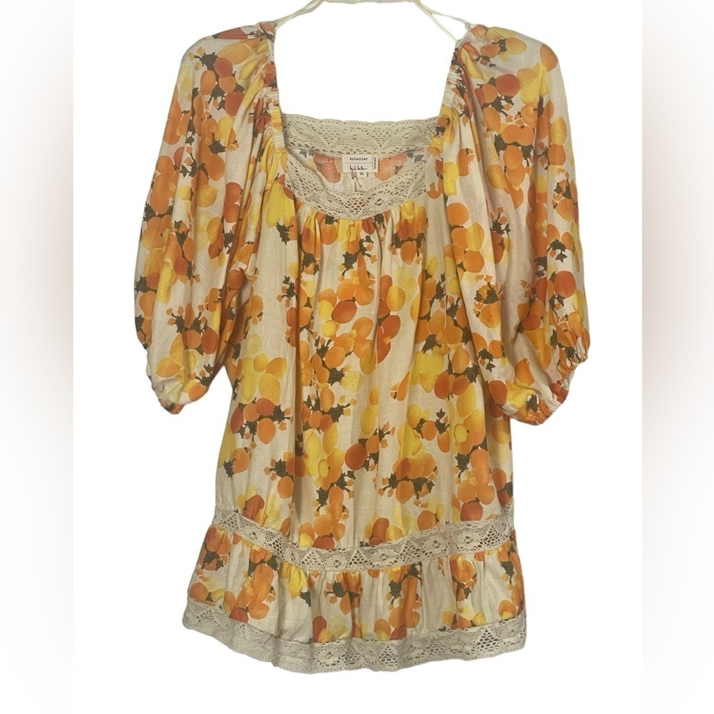 NWT Nicole Miller Artelier Puff sleeve, orange print, linen blend blouse.Size XL